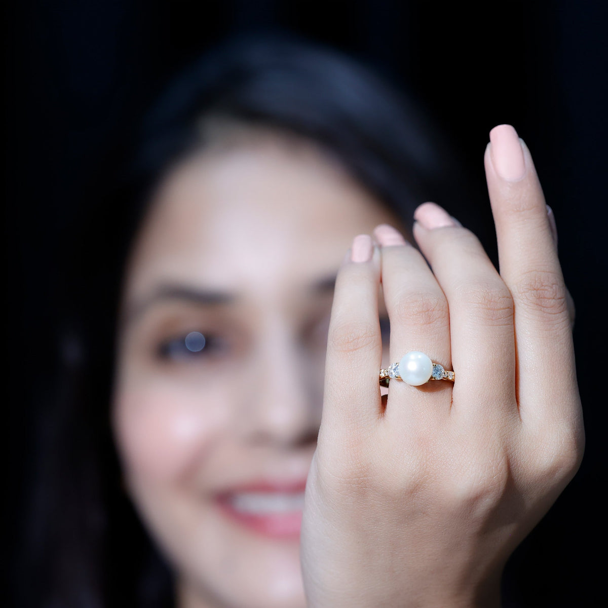 Cultured 7.4 carat freshwater pearl engagement ring with moissanite, featuring elegant rose gold band by Rosec Jewels.