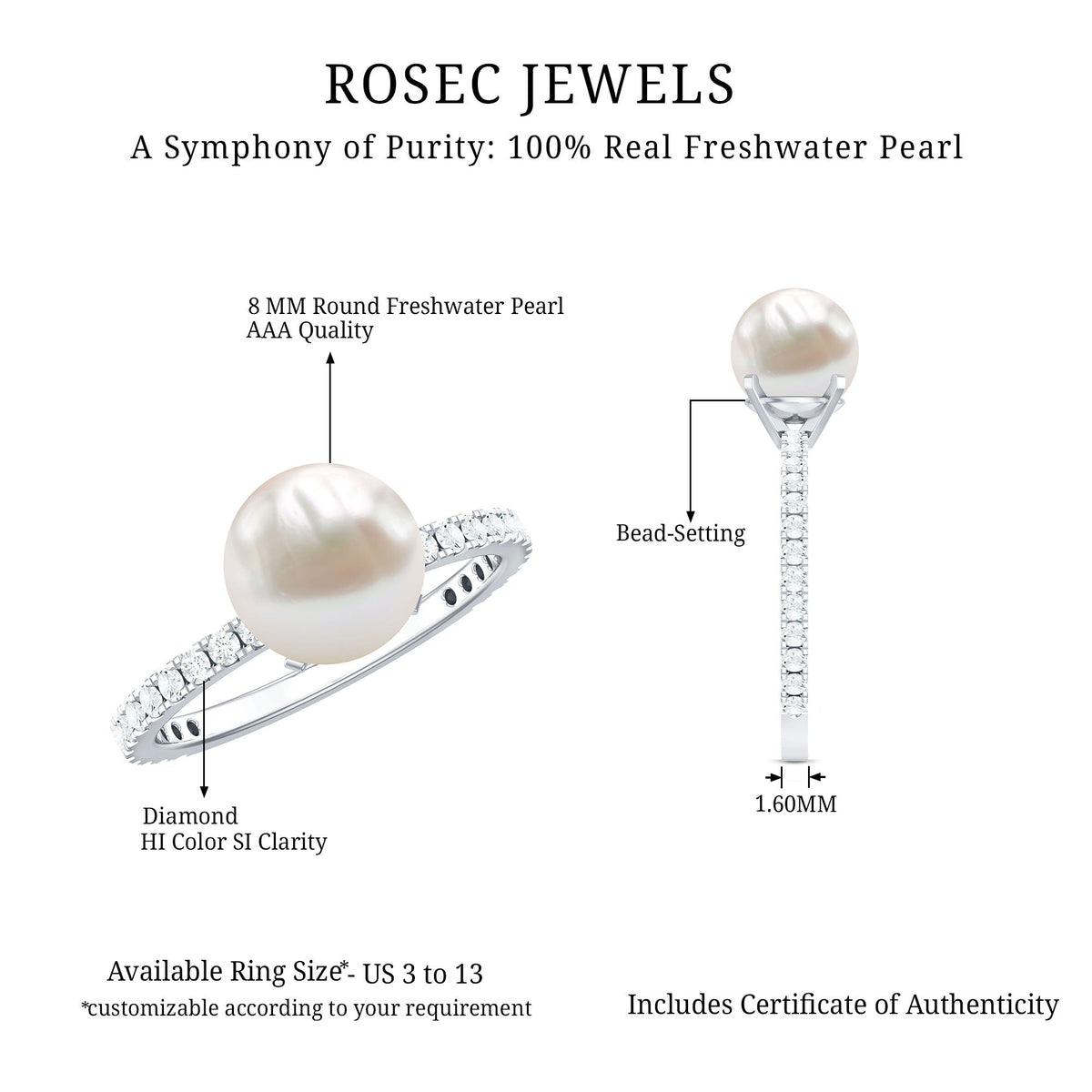 Rosec Jewels 7.4 carat freshwater pearl solitaire engagement ring with diamond, featuring a sleek band and elegant design.