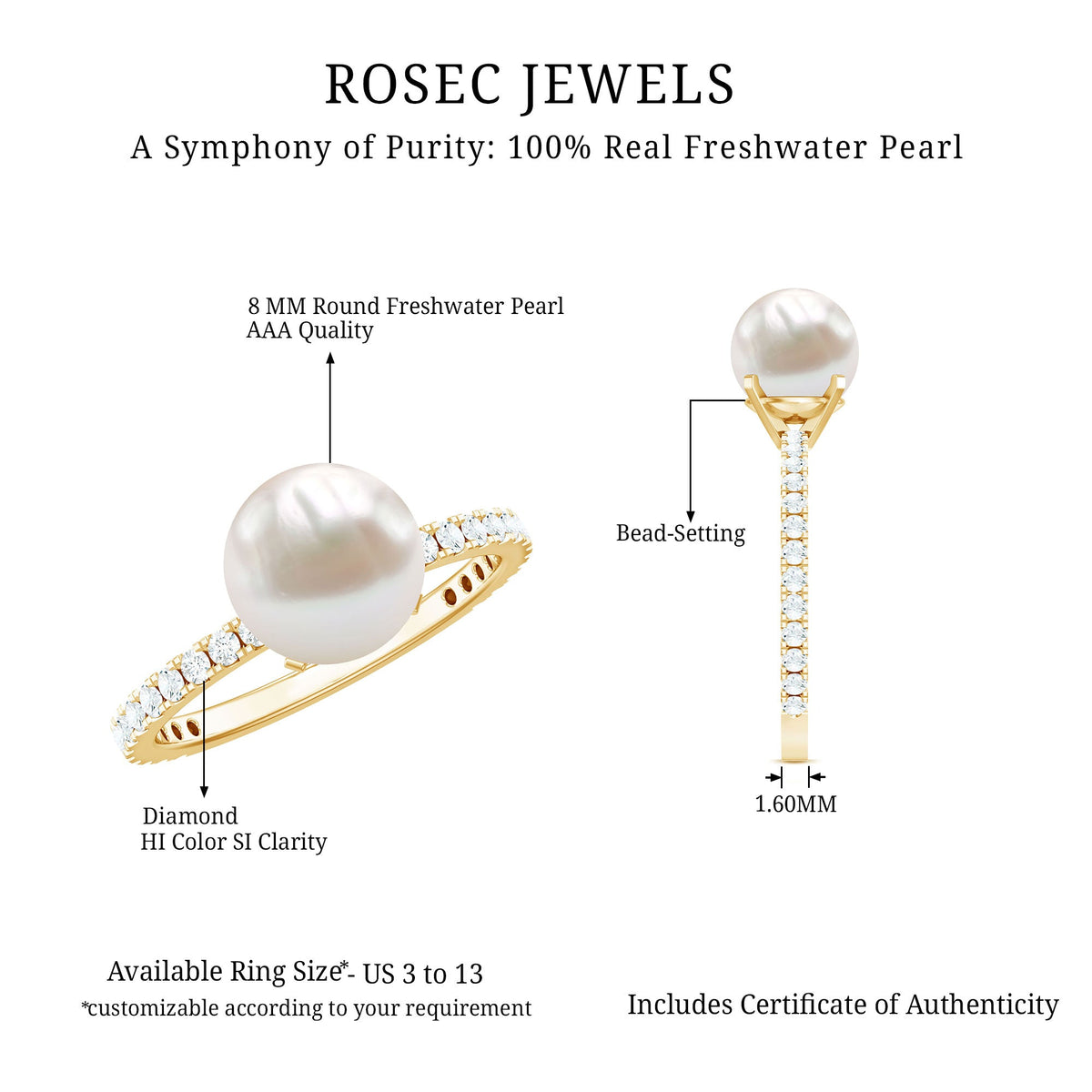 Rosec Jewels 7.4 Carat freshwater pearl solitaire engagement ring with diamond, featuring a sleek band and elegant design.
