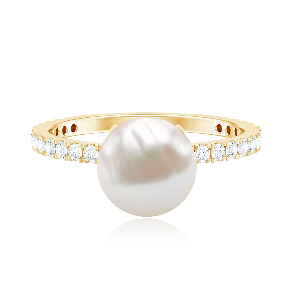 Rosec Jewels 7.4 Carat freshwater pearl solitaire engagement ring with diamond, featuring a sleek gold band and elegant design.