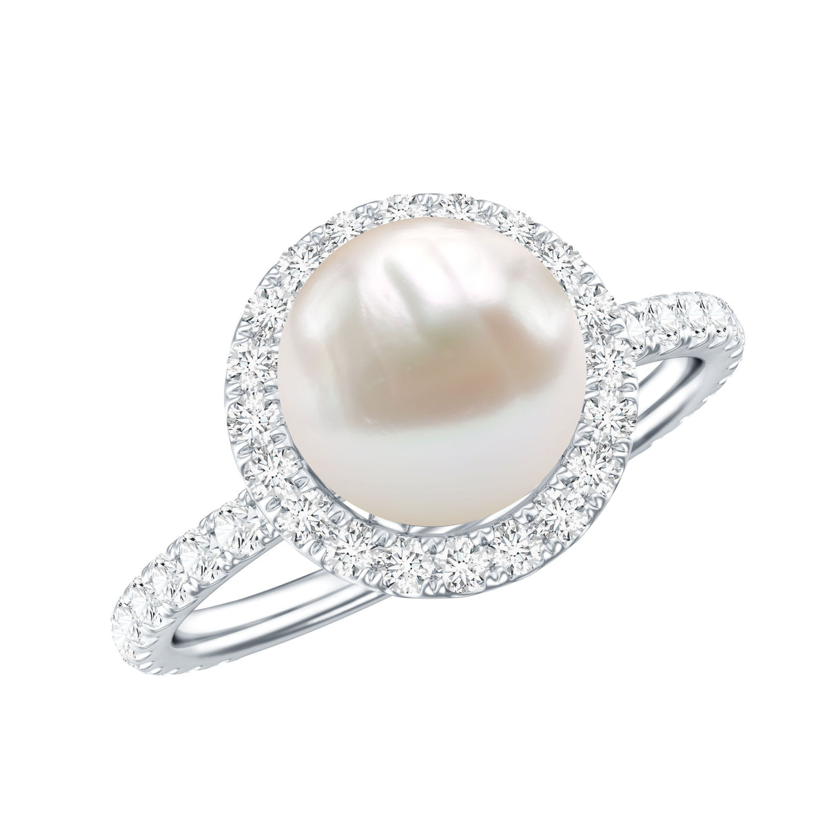 Cultured 7.4 carat freshwater pearl diamond engagement ring with halo setting, featuring intricate metalwork and sparkling stones.