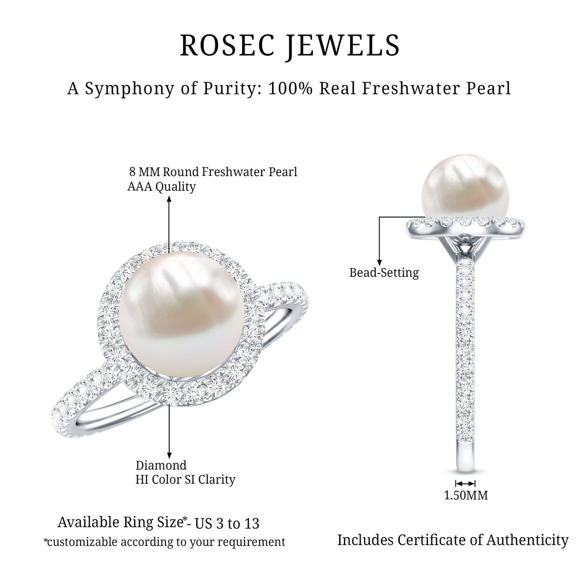 Cultured 7.4 carat freshwater pearl diamond engagement ring with halo setting by Rosec Jewels, featuring intricate design and sparkling stones.