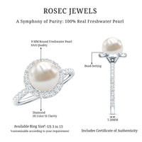 Cultured 7.4 carat freshwater pearl diamond engagement ring with halo setting by Rosec Jewels, featuring intricate design and sparkling stones.