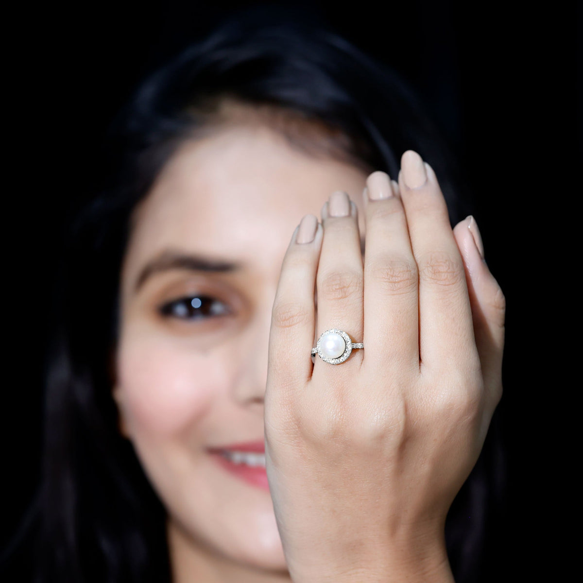 Cultured 7.4 carat freshwater pearl diamond engagement ring with halo by Rosec Jewels, featuring a delicate band and sparkling accents.