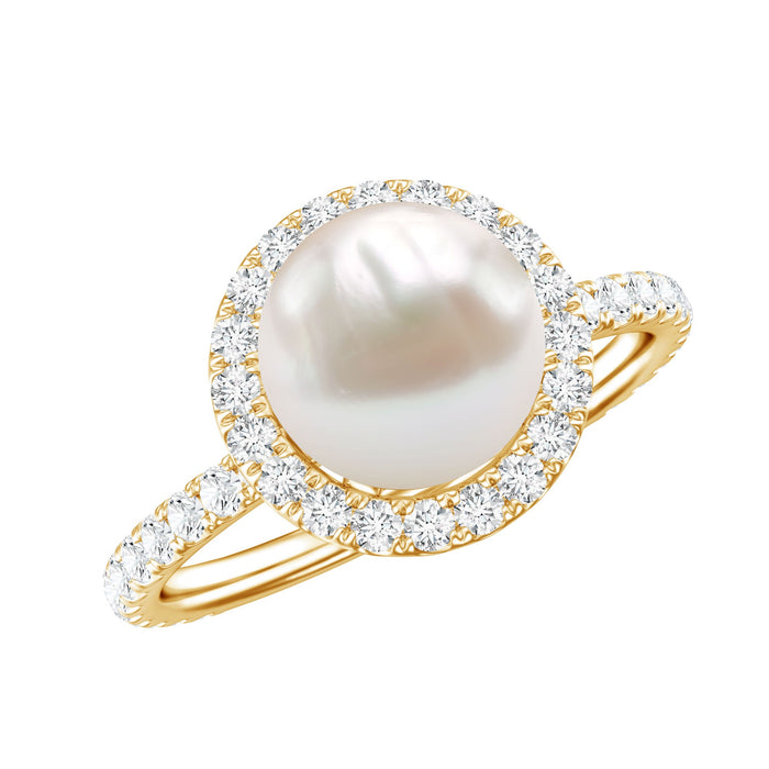 Cultured 7.4 carat freshwater pearl diamond engagement ring with halo by Rosec Jewels, featuring a stunning center pearl and sparkling diamonds.