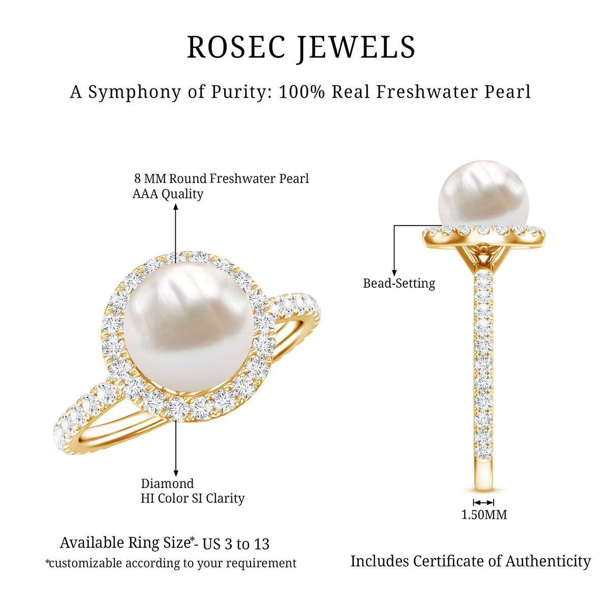 Rosec Jewels cultured 7.4 carat freshwater pearl diamond engagement ring with halo, featuring a central pearl surrounded by sparkling diamonds.