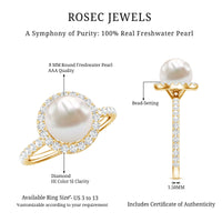 Rosec Jewels cultured 7.4 carat freshwater pearl diamond engagement ring with halo, featuring a central pearl surrounded by sparkling diamonds.