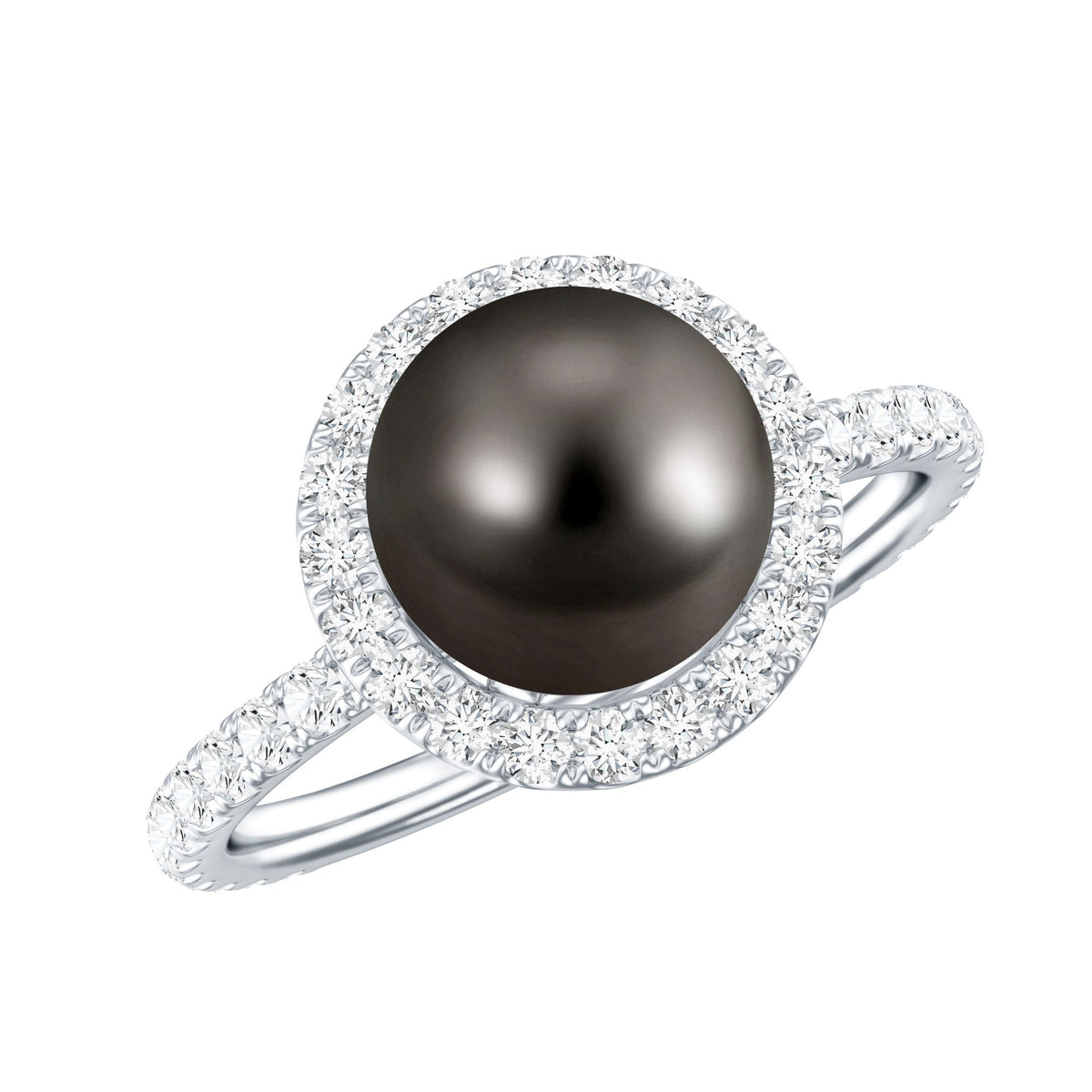 Rosec Jewels halo engagement ring featuring a Tahitian pearl center stone surrounded by sparkling diamonds.