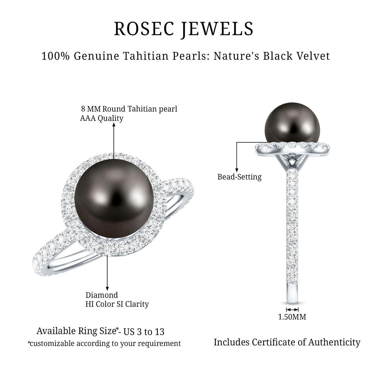 Rosec Jewels Halo engagement ring featuring a Tahitian pearl center and diamond accents with intricate metalwork.