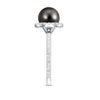 Halo engagement ring from Rosec Jewels featuring a Tahitian pearl center stone surrounded by diamonds in a elegant ring setting.