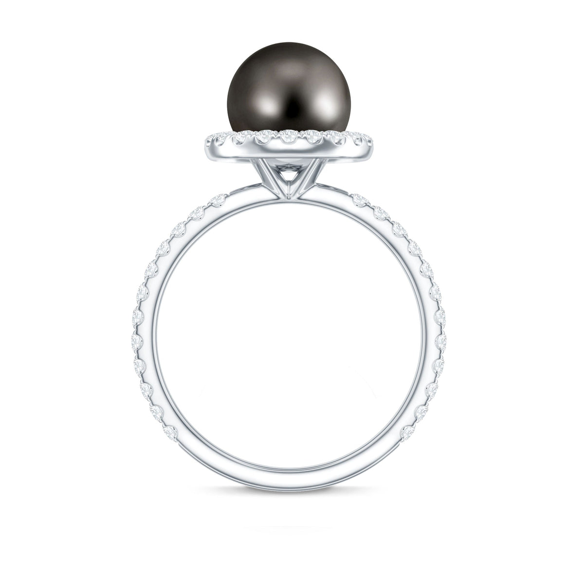 Halo engagement ring by Rosec Jewels featuring a Tahitian pearl center stone surrounded by sparkling diamonds.