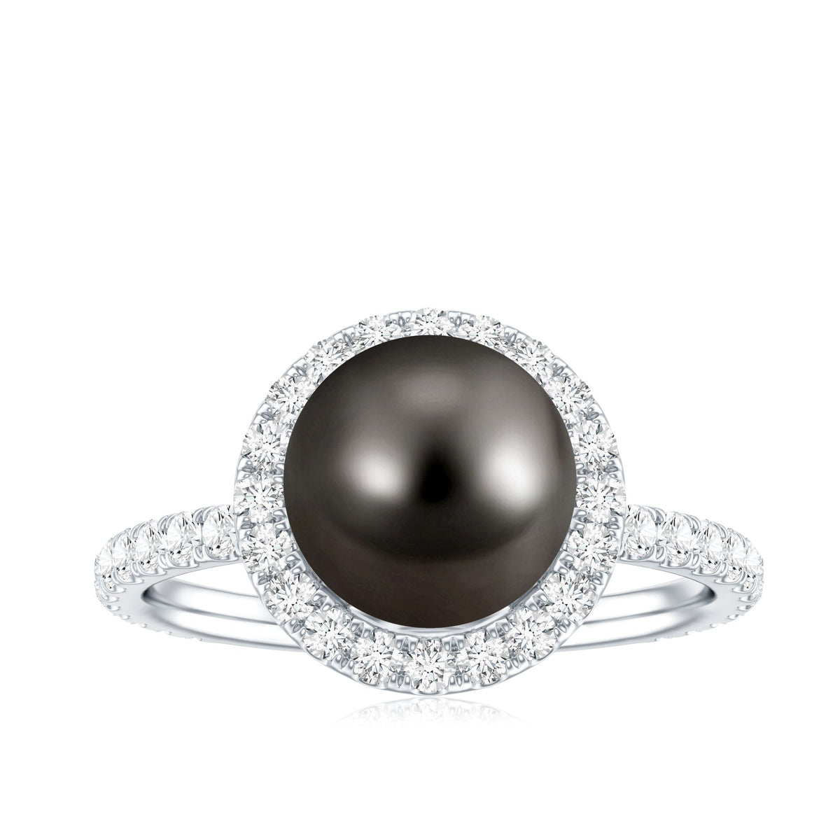 Halo engagement ring by Rosec Jewels featuring a Tahitian pearl surrounded by sparkling diamonds.