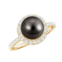 Rosec Jewels Halo engagement ring featuring a Tahitian pearl and diamond accents, showcasing elegant craftsmanship.
