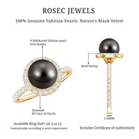 Halo engagement ring by Rosec Jewels featuring a Tahitian pearl surrounded by sparkling diamonds.