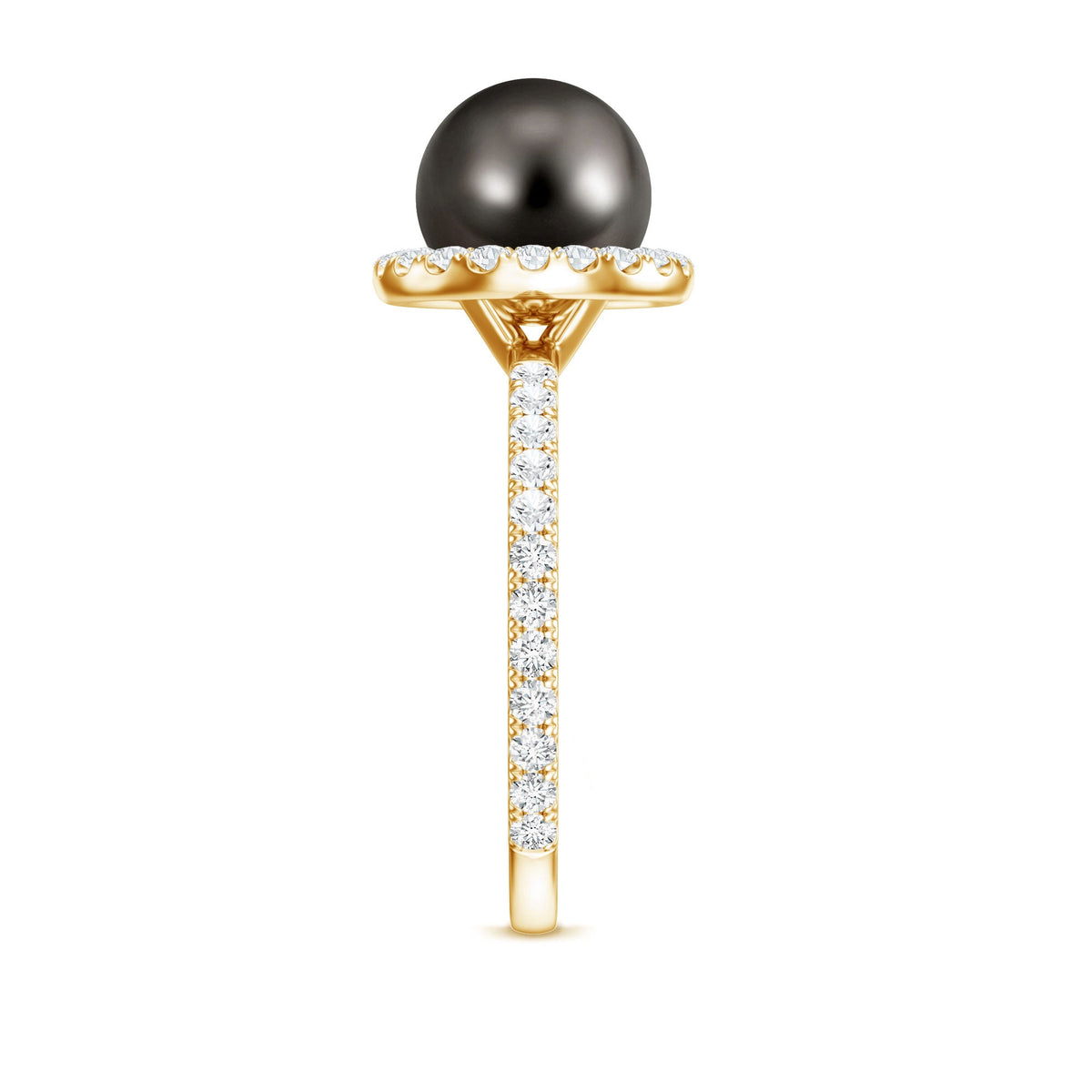 Halo engagement ring by Rosec Jewels featuring a Tahitian pearl center stone surrounded by sparkling diamonds.