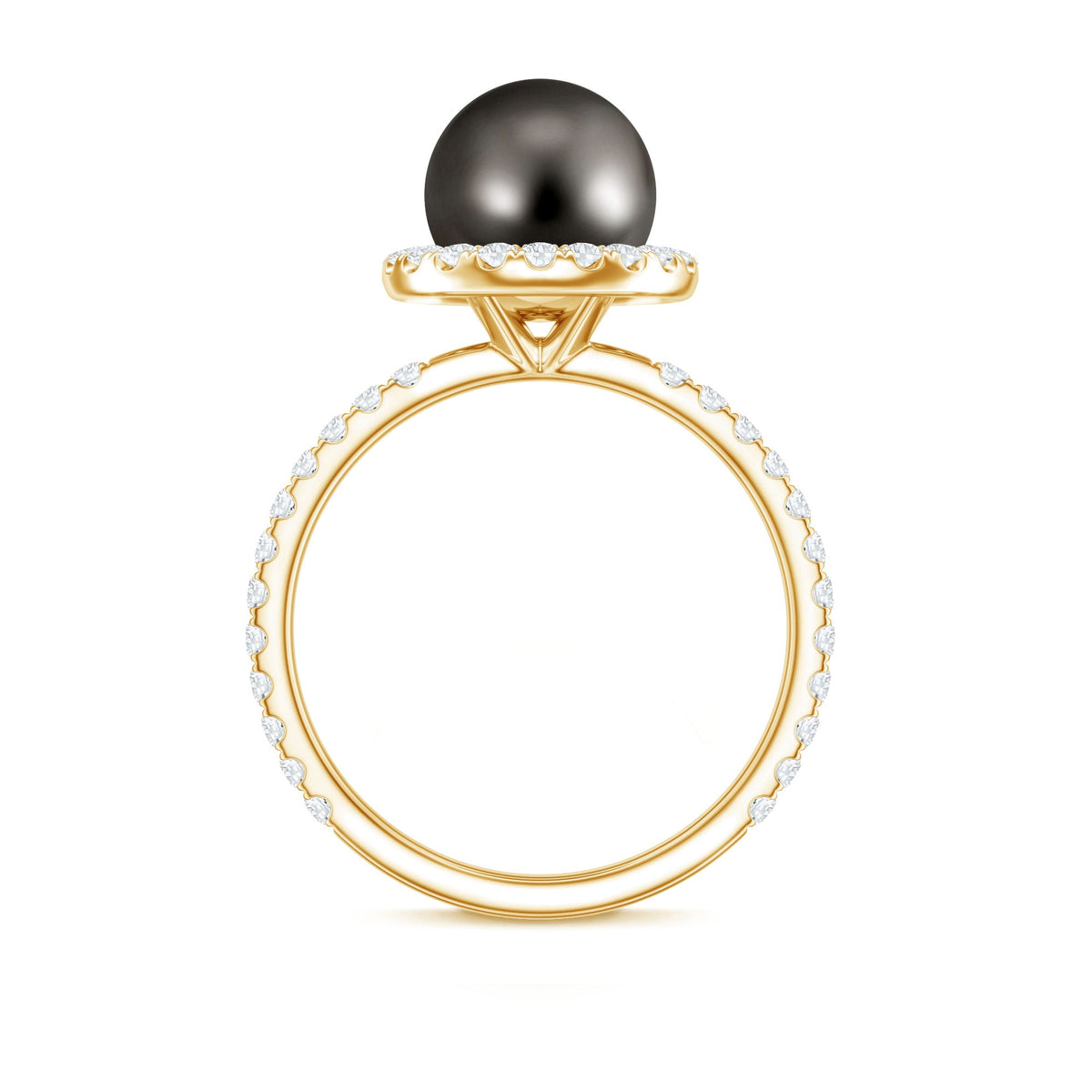 Rosec Jewels Halo engagement ring featuring a Tahitian pearl center stone and diamond accents on a sleek band.