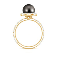 Rosec Jewels Halo engagement ring featuring a Tahitian pearl center stone and diamond accents on a sleek band.