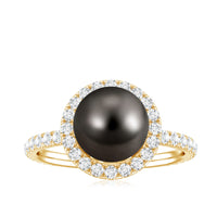 Halo engagement ring featuring a Tahitian pearl and diamonds from Rosec Jewels, showcasing the elegant design and craftsmanship.