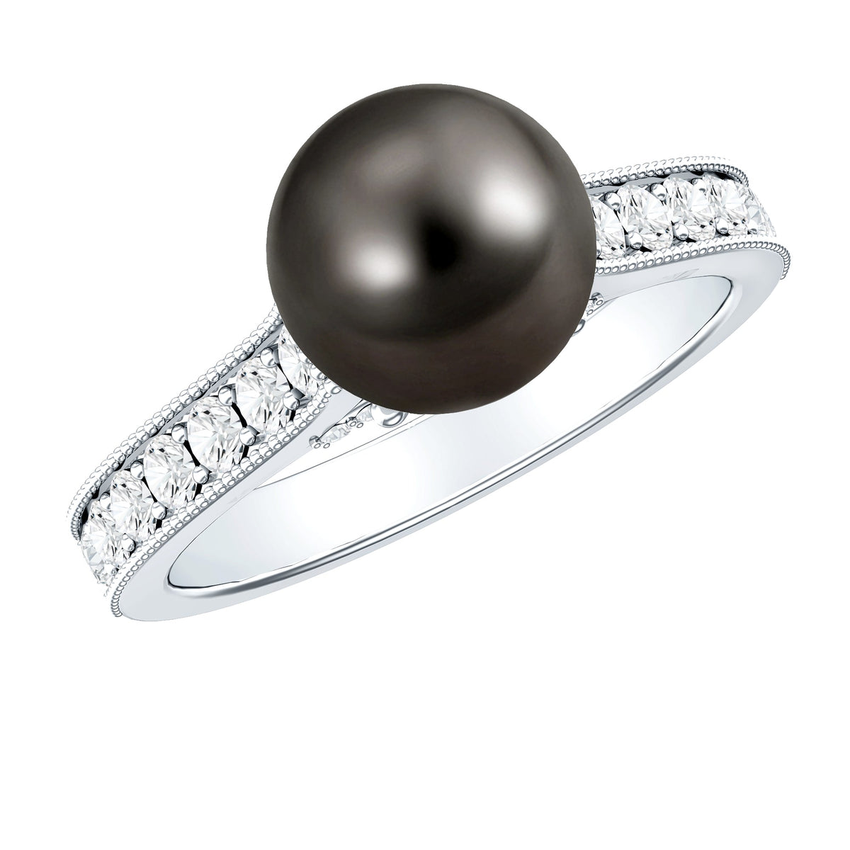 Natural Tahitian pearl cathedral engagement ring with diamond side stones, featuring elegant design and Rosec Jewels craftsmanship.