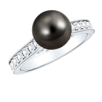 Natural Tahitian pearl cathedral engagement ring with diamond side stones, featuring elegant design and Rosec Jewels craftsmanship.