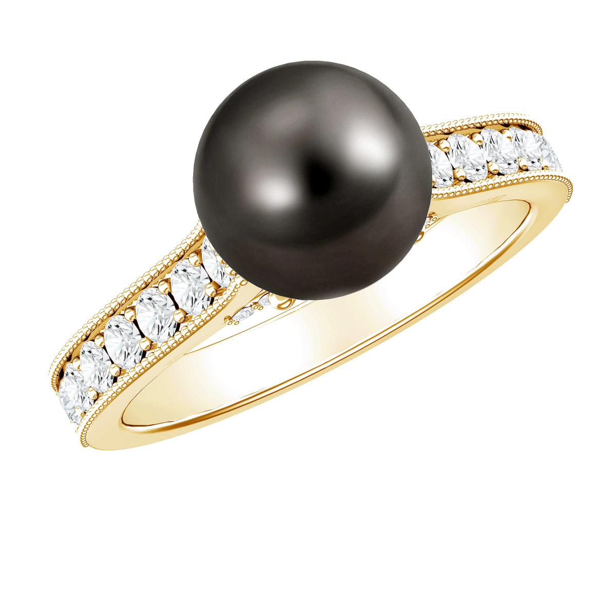 Natural Tahitian pearl cathedral engagement ring with diamond side stones, featuring a elegant design by Rosec Jewels.