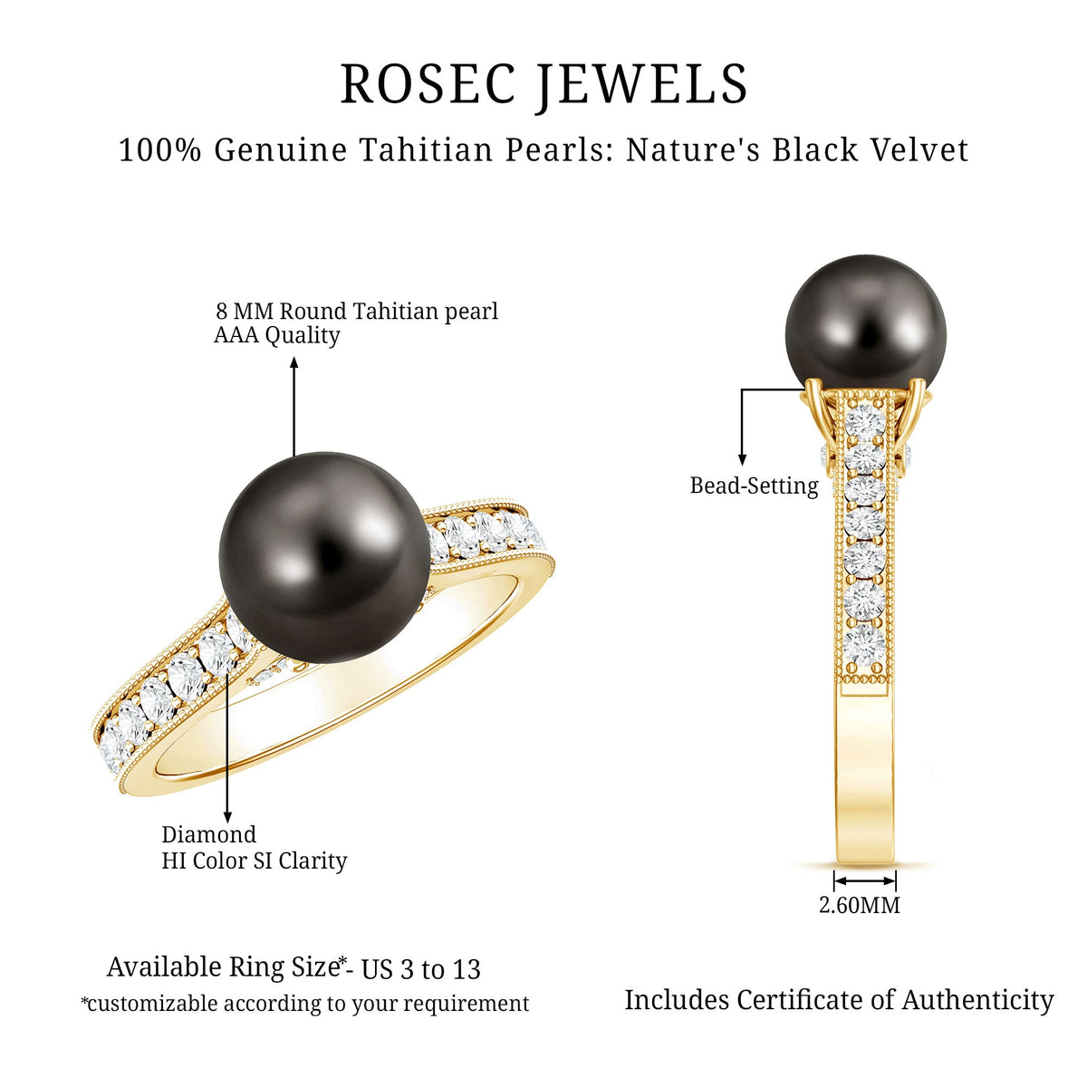 Natural Tahitian pearl cathedral engagement ring with diamond side stones, featuring a elegant design by Rosec Jewels.