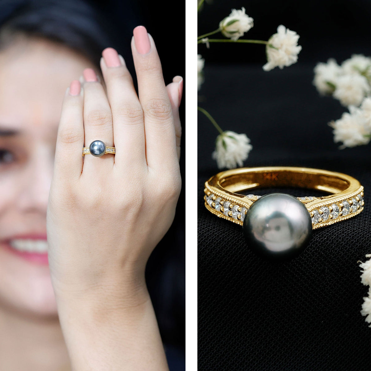 Natural Tahitian pearl cathedral engagement ring with diamond side stones from Rosec Jewels, showcasing a lustrous pearl and sparkling accents.