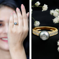 Natural Tahitian pearl cathedral engagement ring with diamond side stones from Rosec Jewels, showcasing a lustrous pearl and sparkling accents.