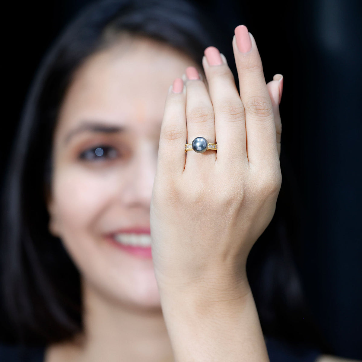Natural Tahitian pearl cathedral engagement ring with diamond side stones by Rosec Jewels, showcasing a lustrous black pearl and elegant design.