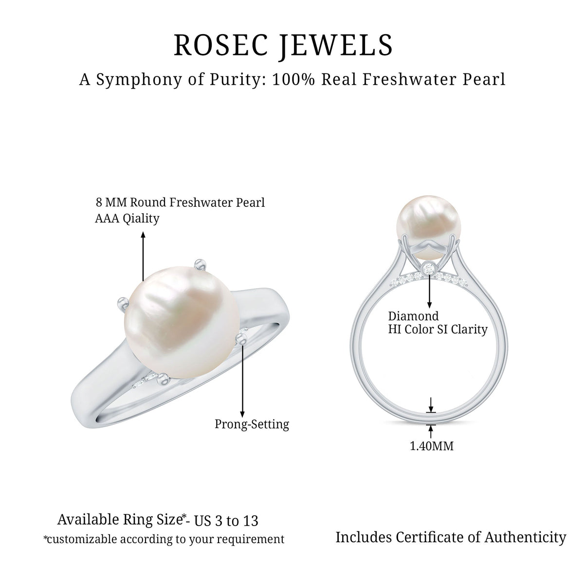 Rosec Jewels freshwater pearl solitaire ring with a diamond accent, elegant jewelry piece showcasing a lustrous pearl and sparkling diamond.