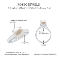 Rosec Jewels freshwater pearl solitaire ring with a diamond accent, elegant jewelry piece showcasing a lustrous pearl and sparkling diamond.