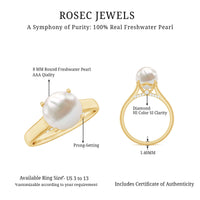Freshwater pearl solitaire diamond ring by Rosec Jewels featuring a single pearl and sparkling diamond setting.