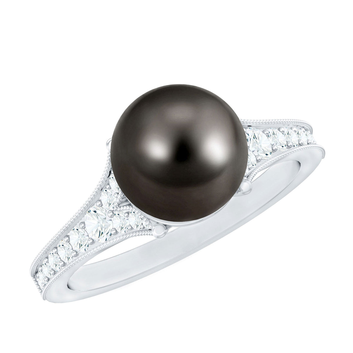 Tahitian black pearl cathedral engagement ring with diamonds from Rosec Jewels, showcasing a 7.5 carat black pearl and sparkling accents.