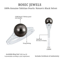 7.5-carat Tahitian black pearl cathedral engagement ring with diamonds, featuring a silver band and intricate design.