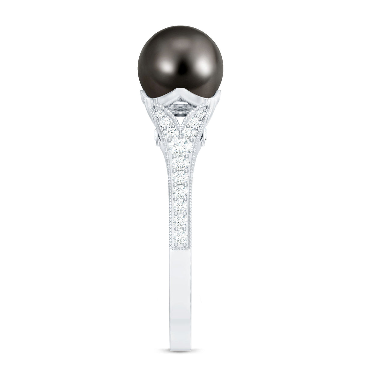 Tahitian black pearl cathedral engagement ring with diamonds, featuring a 7.5 carat pearl and sparkling diamond accents in a rose gold setting