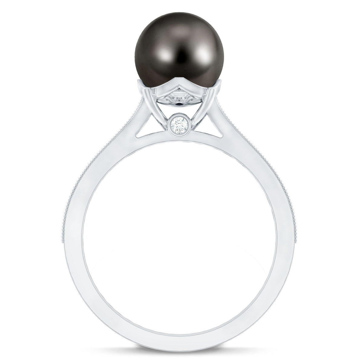Tahitian black pearl cathedral engagement ring with diamonds by Rosec Jewels, showcasing a 7.5-carat pearl set in a detailed platinum band.