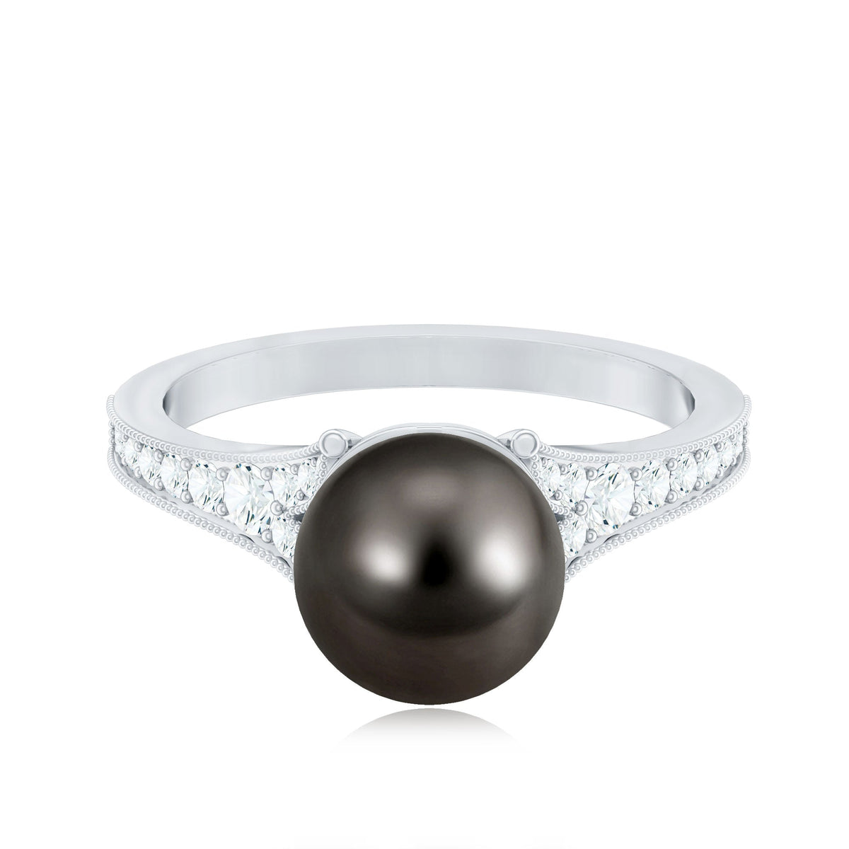 Tahitian black pearl cathedral engagement ring with diamonds from Rosec Jewels, showcasing a 7.5-carat black pearl and sparkling diamond accents