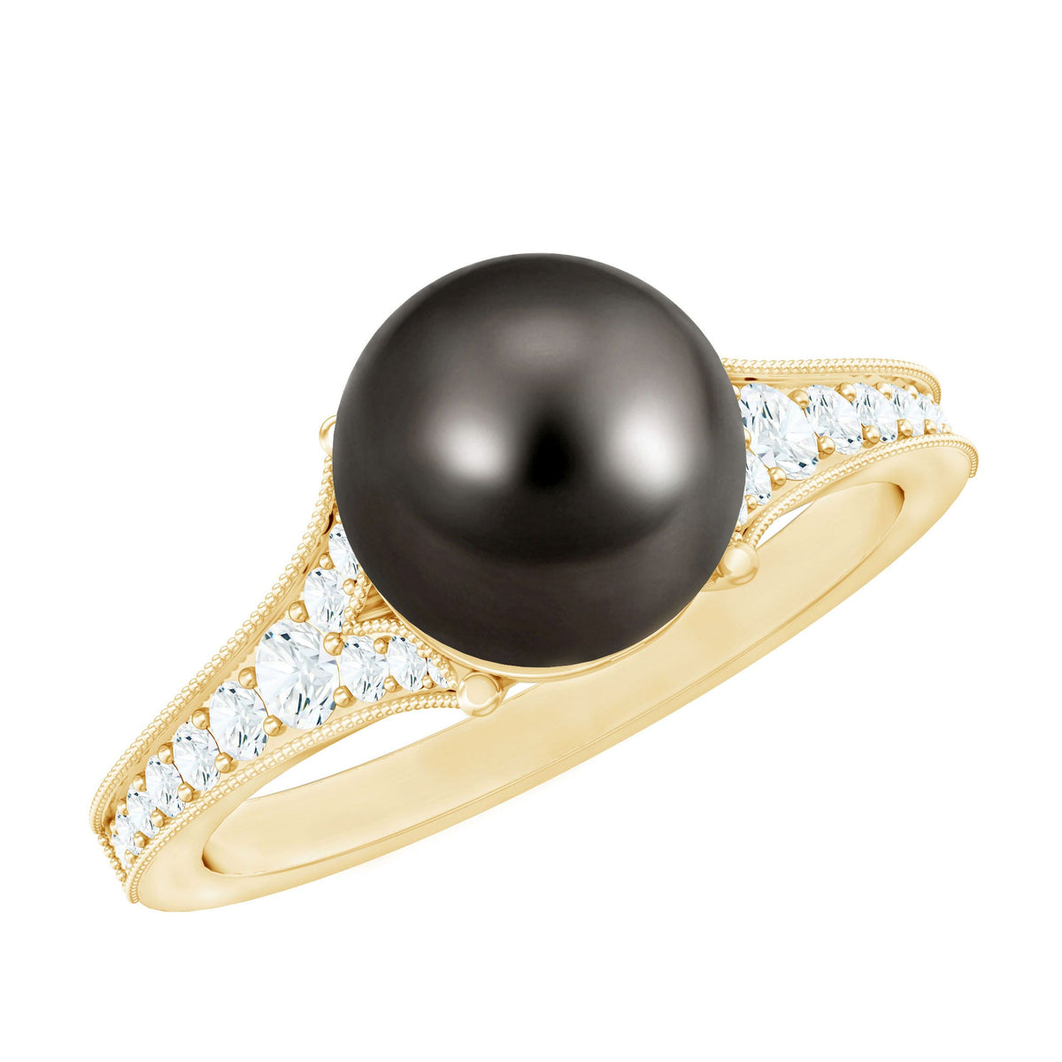 Tahitian black pearl cathedral engagement ring with diamonds from Rosec Jewels, featuring a 7.5 carat black pearl and sparkling accents.