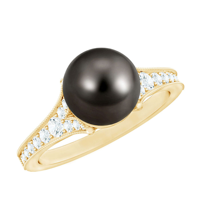 Tahitian black pearl cathedral engagement ring with diamonds from Rosec Jewels, featuring a 7.5 carat black pearl and sparkling accents.