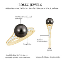 7.5 carat Tahitian black pearl cathedral engagement ring with diamond accents by Rosec Jewels, showcasing elegant design and craftsmanship.