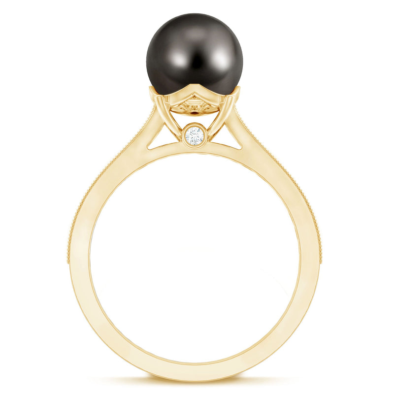 7.5-carat Tahitian black pearl cathedral engagement ring with diamonds by Rosec Jewels, showcasing a stunning black pearl centerpiece.