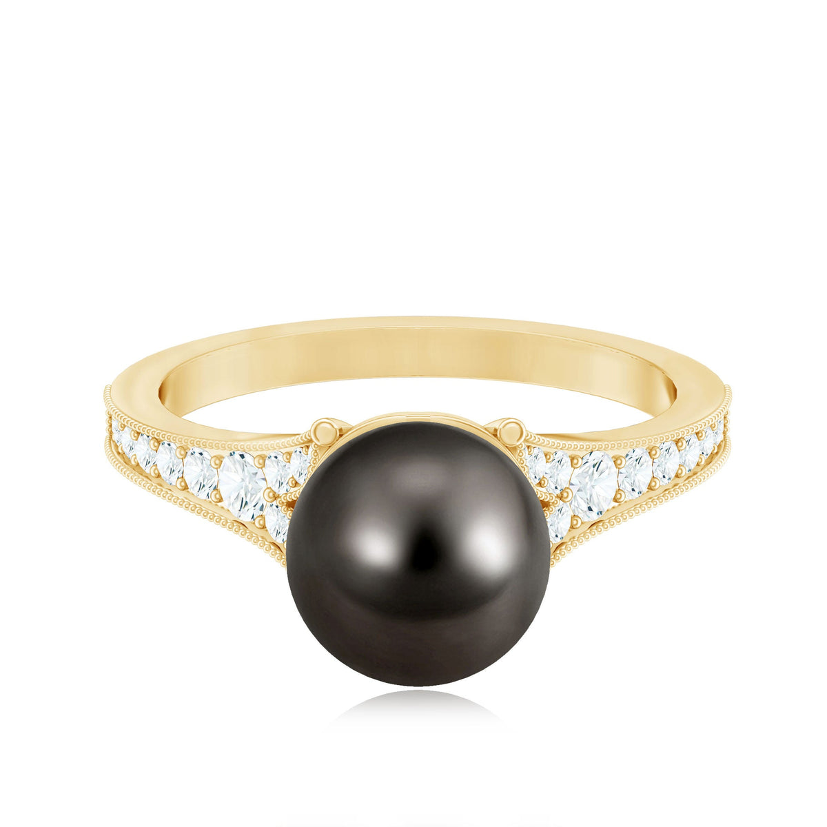 Tahitian black pearl cathedral engagement ring with diamonds by Rosec Jewels, featuring a 7.5-carat pearl and sparkling accents.