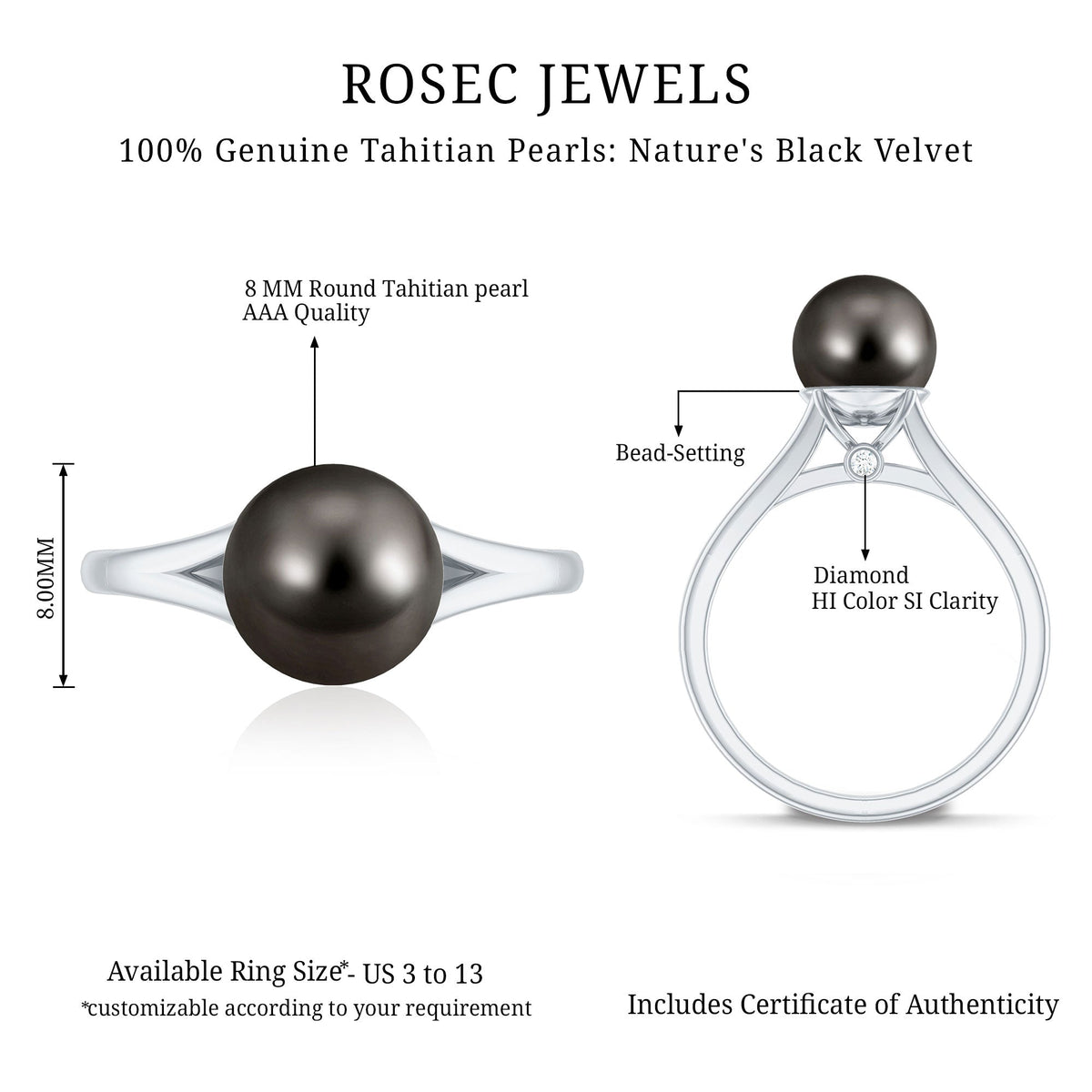 7.5 carat genuine Tahitian black pearl cathedral engagement ring with split shank, Rosec Jewels rings displayed on a white background.