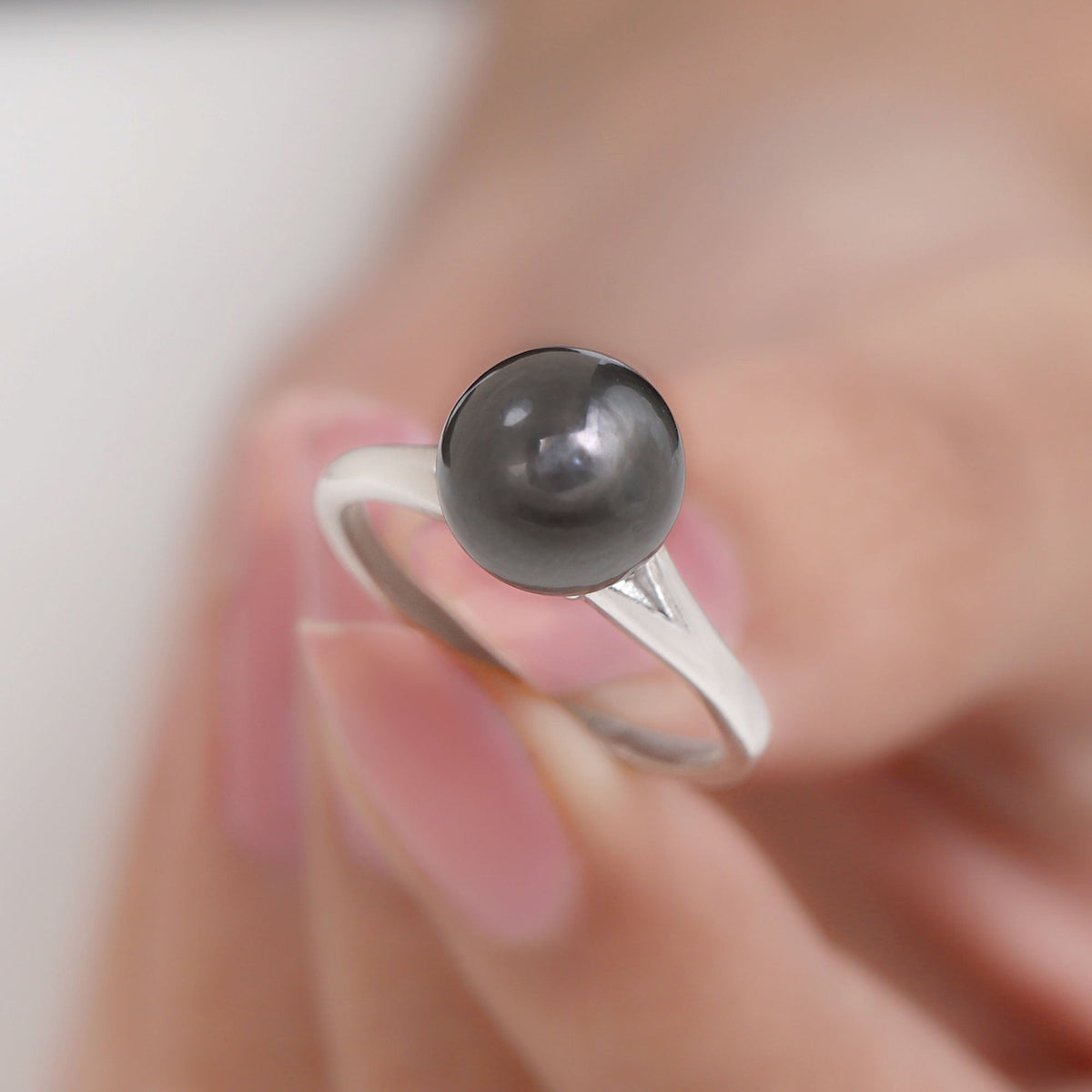 7.5 carat genuine Tahitian black pearl cathedral engagement ring with split shank by Rosec Jewels, showcasing elegant design and craftsmanship.