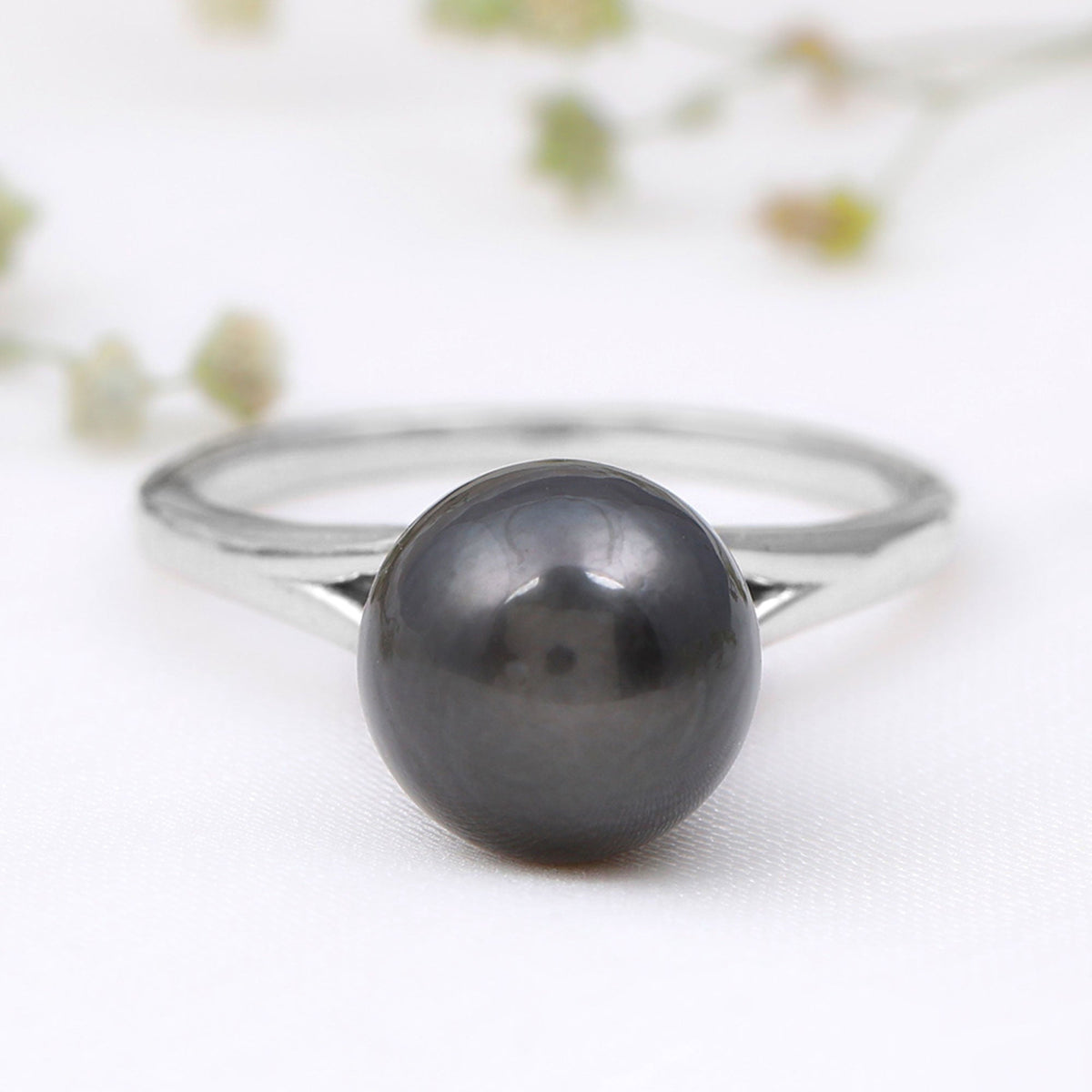Genuine Tahitian black pearl cathedral engagement ring with split shank from Rosec Jewels, featuring a 7.5 carat pearl and elegant design.