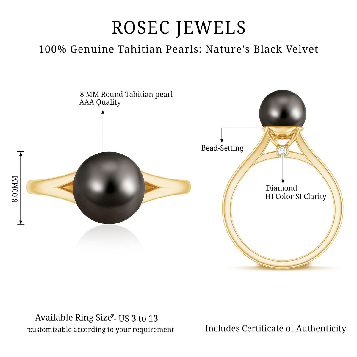 7.5 carat genuine Tahitian black pearl cathedral engagement ring with split shank by Rosec Jewels, showcasing a stunning black pearl centerpiece