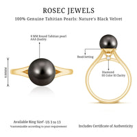 7.5 carat genuine Tahitian black pearl cathedral engagement ring with split shank by Rosec Jewels, showcasing a stunning black pearl centerpiece