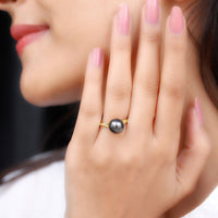 7.5 carat genuine Tahitian black pearl cathedral engagement ring with split shank by Rosec Jewels, showcasing the elegant design and pearl setting.