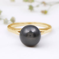 7.5 Carat Tahitian Black Pearl Cathedral Engagement Ring with Split Shank by Rosec Jewels, close-up of ring design and black pearl.