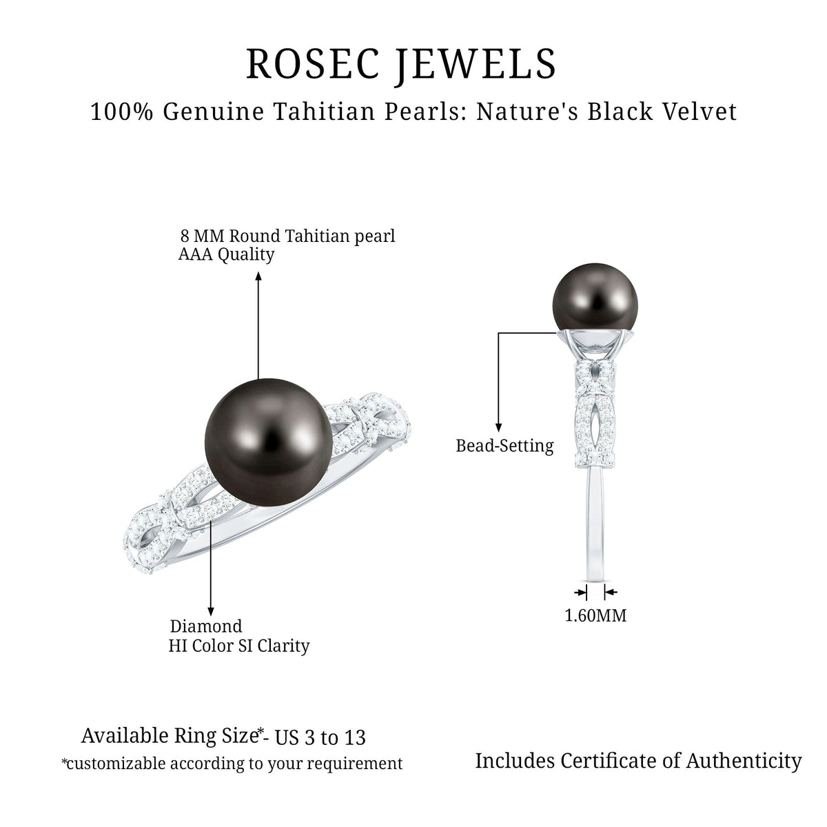 7.5 carat black pearl and diamond engagement ring by Rosec Jewels, featuring a stunning black pearl centerpiece with diamond accents.